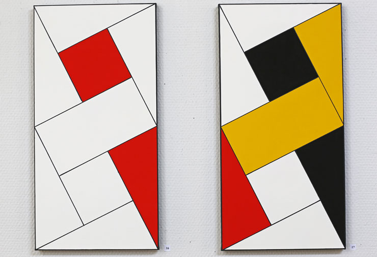 Målningar Pythagoras i svart, gult, vitt och rött.