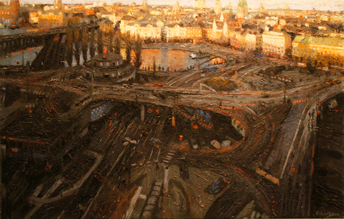 Bo Larssons m&aring;lning Slussen i skugga.