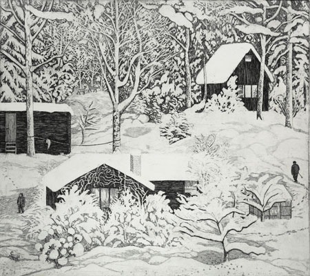 Etsning Vinter av Eva Holmér Edling.