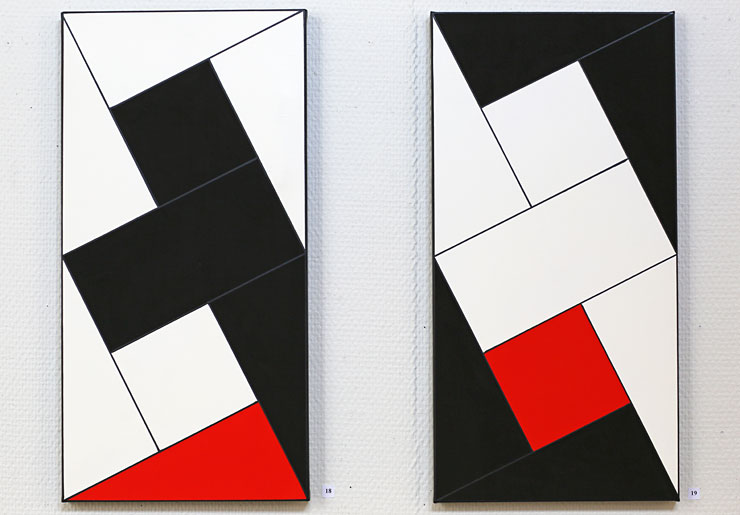 Målningar Pythagoras i rött, svart och vitt.