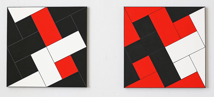 Cajsa Holmstrands målningar Pythagoras i rött, svart och vitt.
