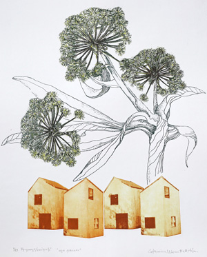 Fp-gravyr/Serigrafi Nya grannar av Catharina Warme Hellström.