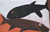 Akvarellerad etsning Två fossila fiskar av Nils G. Stenqvist.