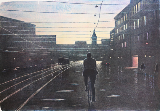 Evening Cyclist - Lithograph by Mikael Kihlman.