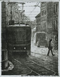 Tram in Prague - Drypoint by Mikael Kihlman.