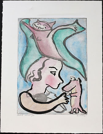 Self Portrait with Crocodile - Hand-colored etching by Katarina Lönnby.